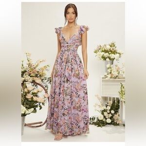 SHEIN Lavender Floral Maxi Dress with Ruffle Sleeves
